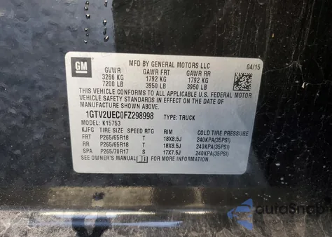 2015 GMC Sierra K1500 Sle z USA, uszkodzony, nr VIN 1GTV2UEC0FZ298998